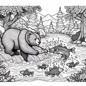 a bear catching fish in a river.