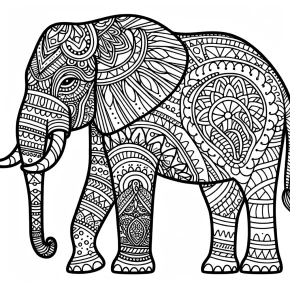 a zentangle inspired elephant with patterned trunk.