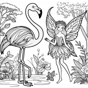 a flamingo with a forest fairy.