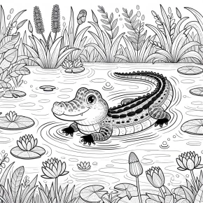 an alligator swimming in a swamp.