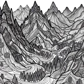 an intricate landscape with mountains and rivers.