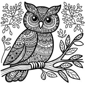 a zentangle inspired owl perched on a branch.