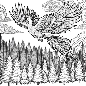 a phoenix flying over a forest.