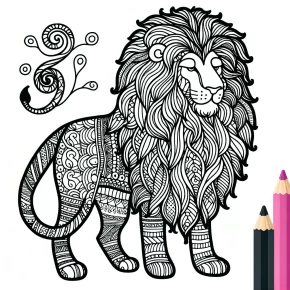 a detailed lion with zentangle mane.