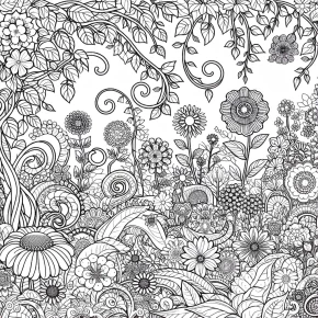 an intricate garden scene with flowers and vines.