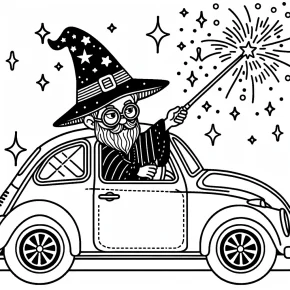 a car with a wizard and magic sparkles.