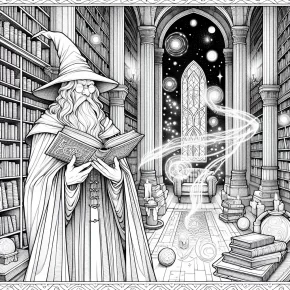 a wizard in a magical library.