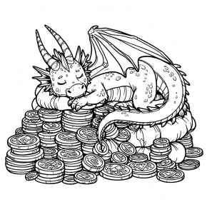 a dragon sleeping on a pile of gold.