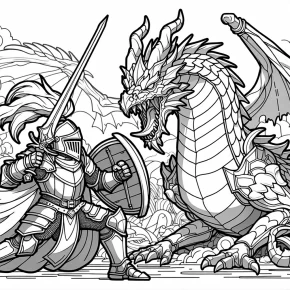 a knight fighting a dragon.