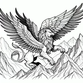 a griffin flying over mountains.