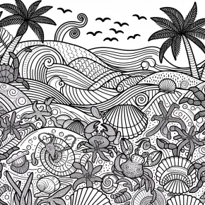 an intricate beach scene with patterns.