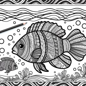 a zentangle fish swimming in a detailed ocean.