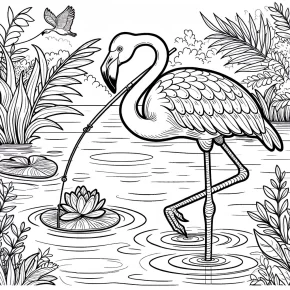 a flamingo fishing in a pond.