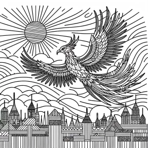 a phoenix flying over a city.