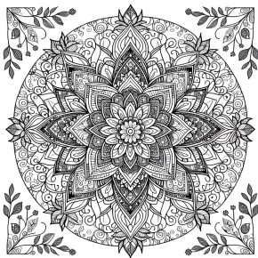 a mandala with floral and vine patterns.