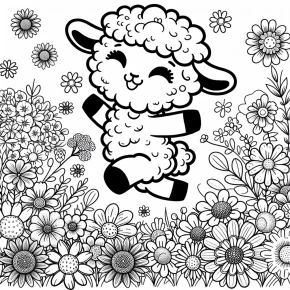 a lamb in a field of flowers.