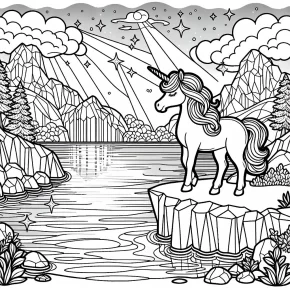 a unicorn by a crystal lake.