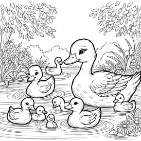 a duck family swimming in a pond.