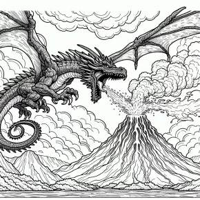 a dragon flying over a volcano.