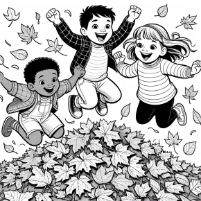 kids jumping in a pile of leaves.