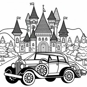 a car with a fairy tale castle.