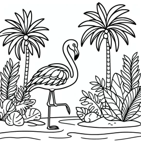 flamingos among palm trees.