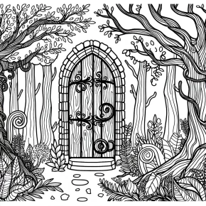 a magical door in an enchanted forest.