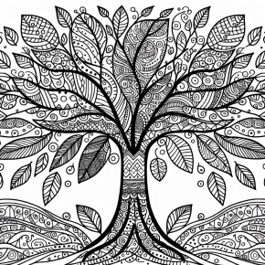 an intricate tree with patterned leaves.