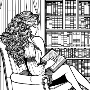 belle reading a book in the library.