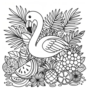 a flamingo surrounded by tropical fruits.