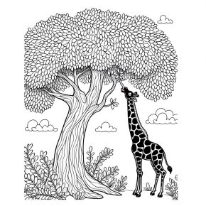 a giraffe reaching for leaves on a tall tree.