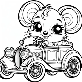 a car with mickey mouse driving.