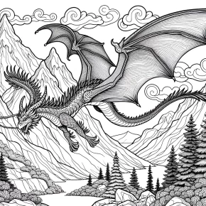 a dragon soaring over mountains.