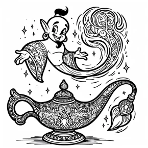 a genie emerging from a lamp.