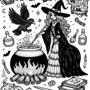 a creepy witch stirring her cauldron.