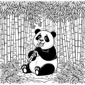 a panda eating bamboo in a forest.