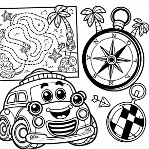 a car with a treasure map and compass.