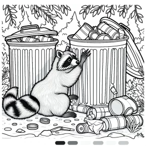 a raccoon rummaging through trash cans.