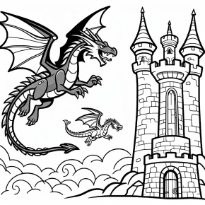 a dragon circling a tower.