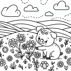 piglet picking flowers.