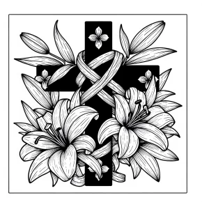 a cross with lilies.