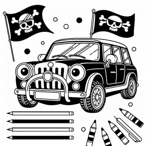 a car with a pirate flag.