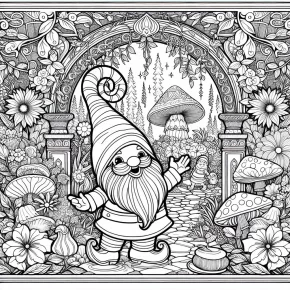 a gnome in a garden.