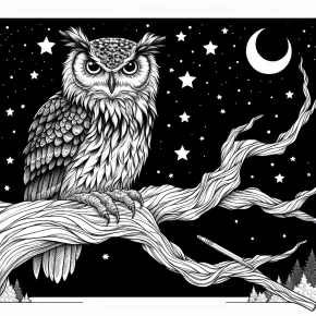 an owl perched on a tree branch at night.