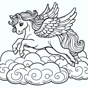 a pegasus landing on a cloud.