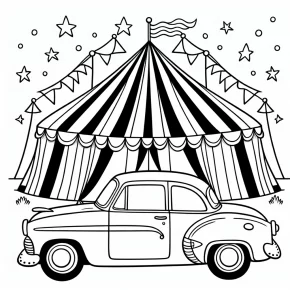 a car with a colorful circus tent.