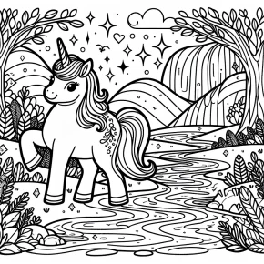 a unicorn by a sparkling stream.