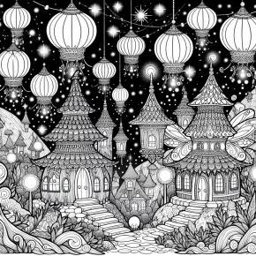 a fairy village lit by lanterns.