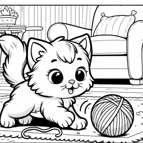 a playful kitten chasing a ball of yarn.