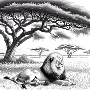 a lion resting under a tree in the savanna.